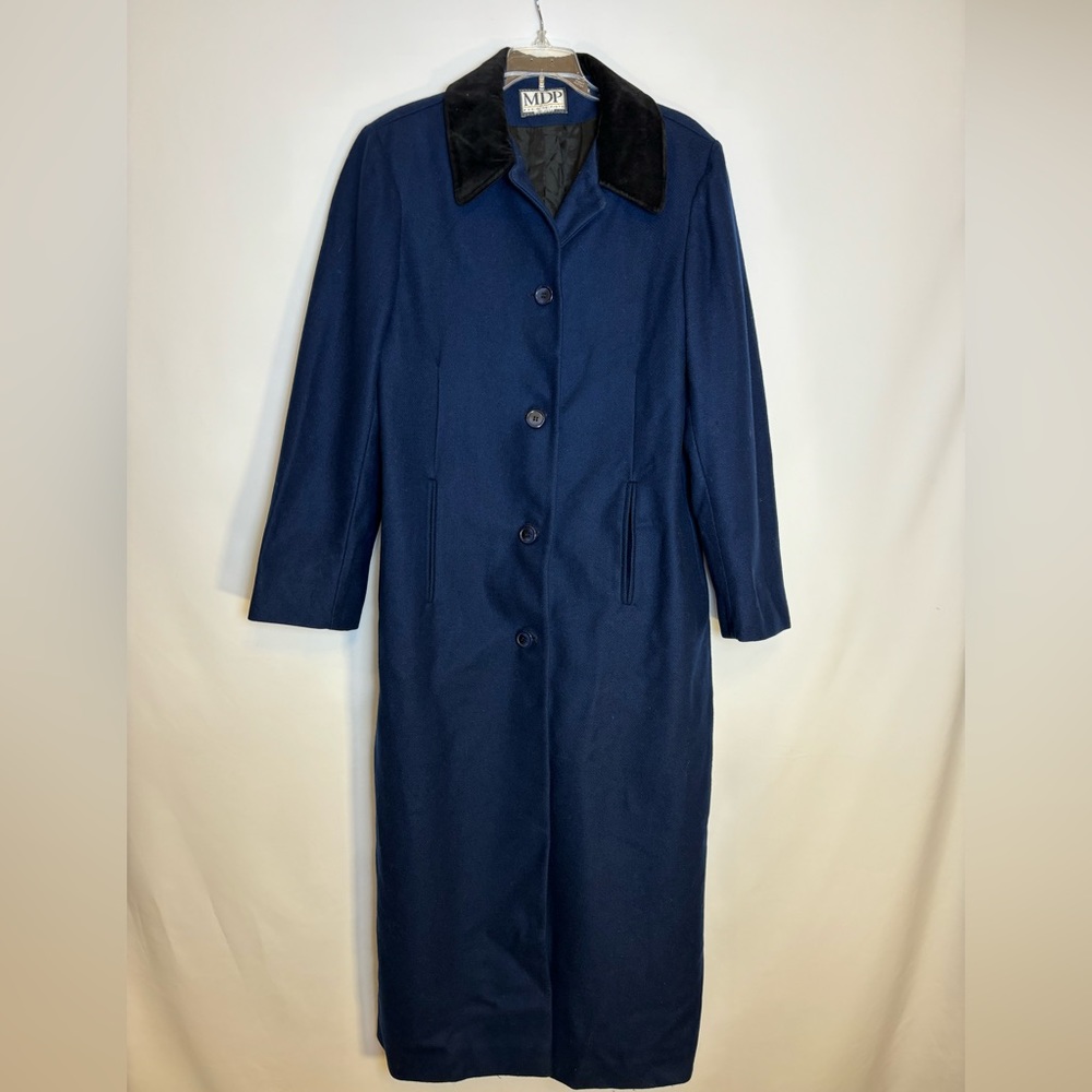 Mario De Pinto 100% Wool Long Duster Coat Navy w/ Black Collar Size Medium Women
